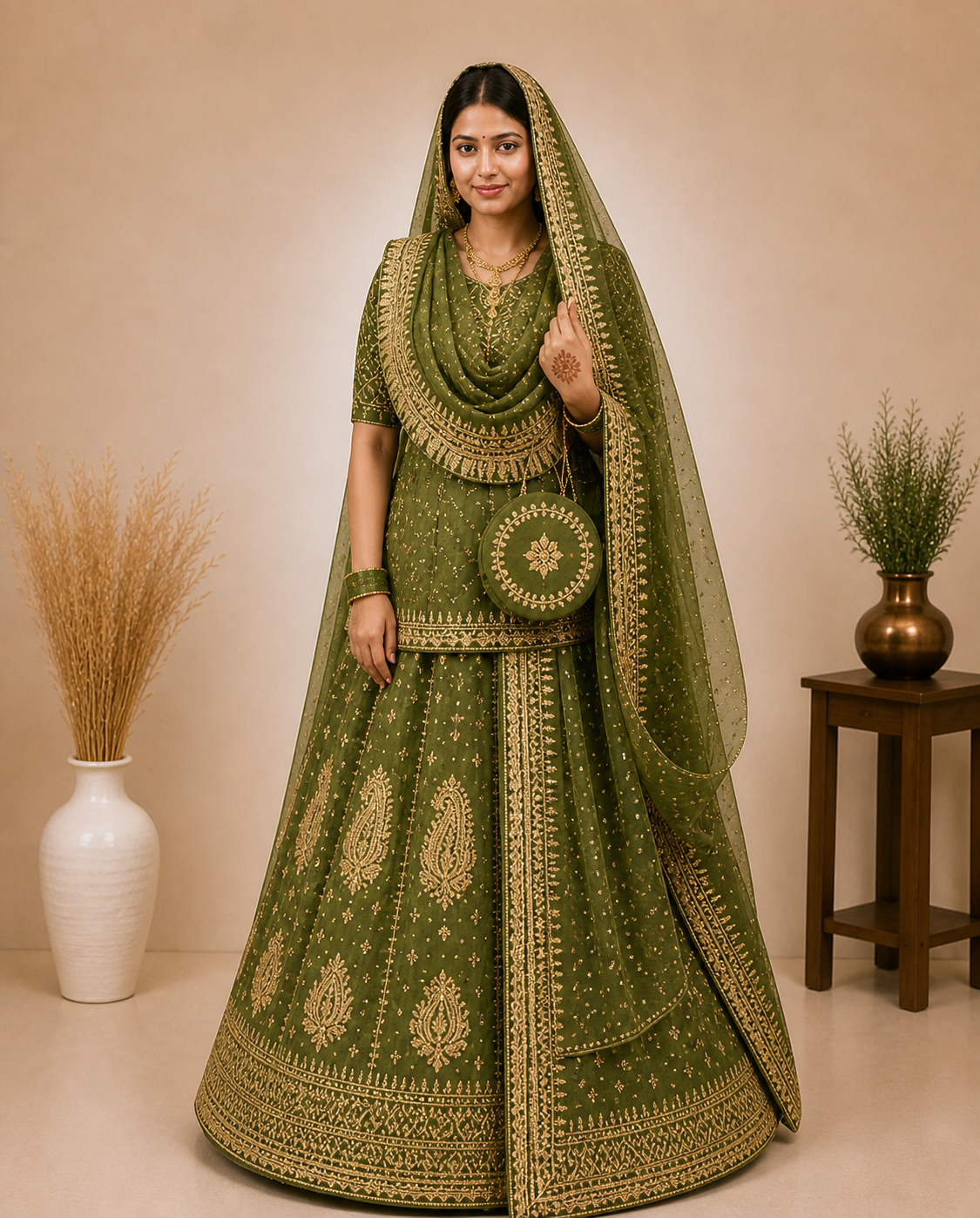 Rajrani Mehndi Green Rajputi Poshak Set for Women