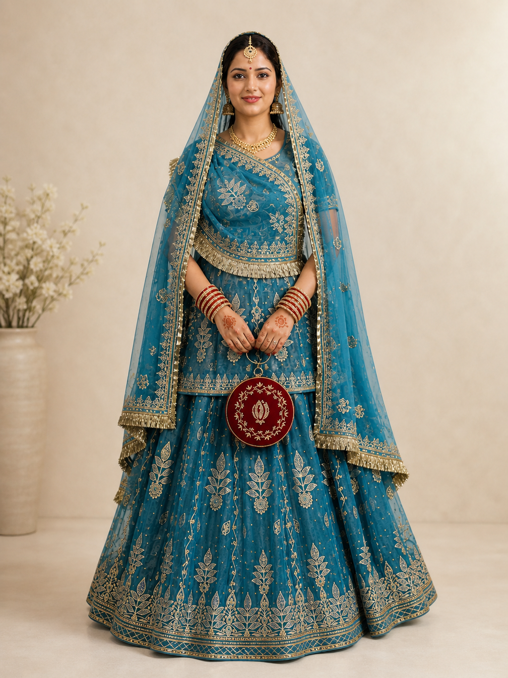 Rajrani Sky Blue Phool Zari Embroidered Rajputi Poshak Set