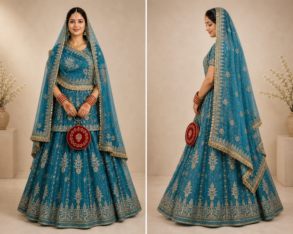 Rajrani Sky Blue Phool Zari Embroidered Rajputi Poshak Set